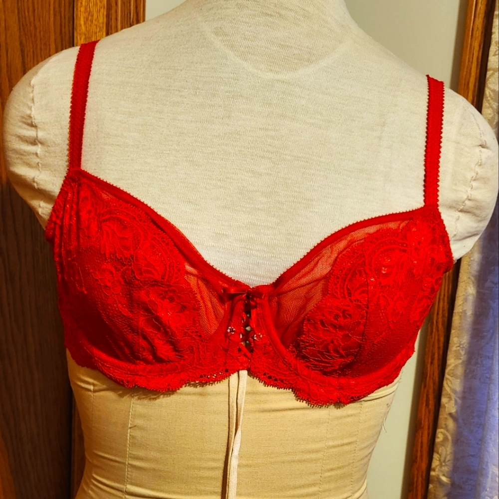 Victoria Secret Red Lace Bra SZ 36C With Thong Panty  Sz Med